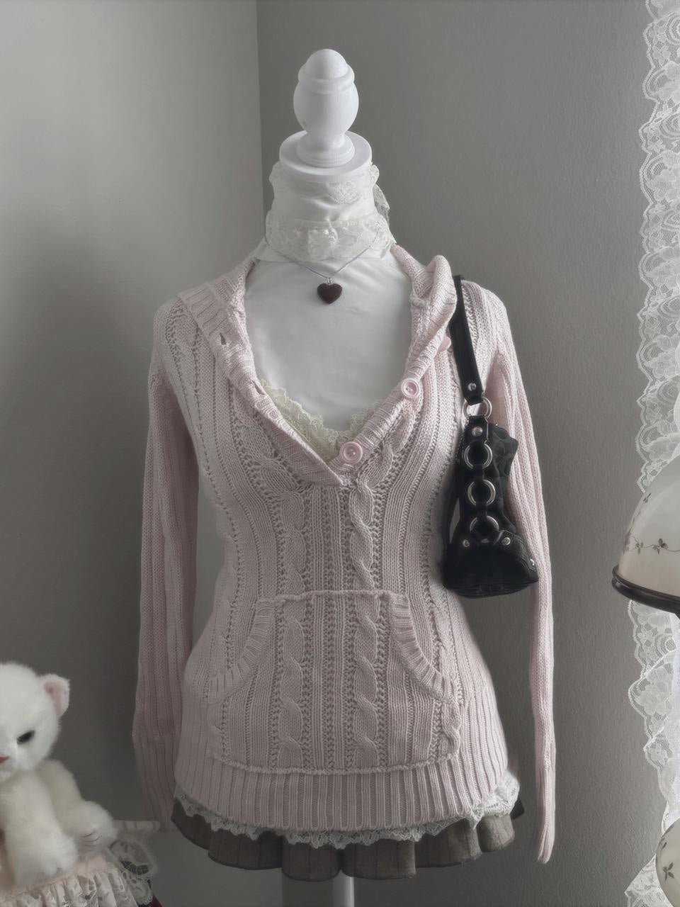 y2k coquette V-neck hooded twist sweater