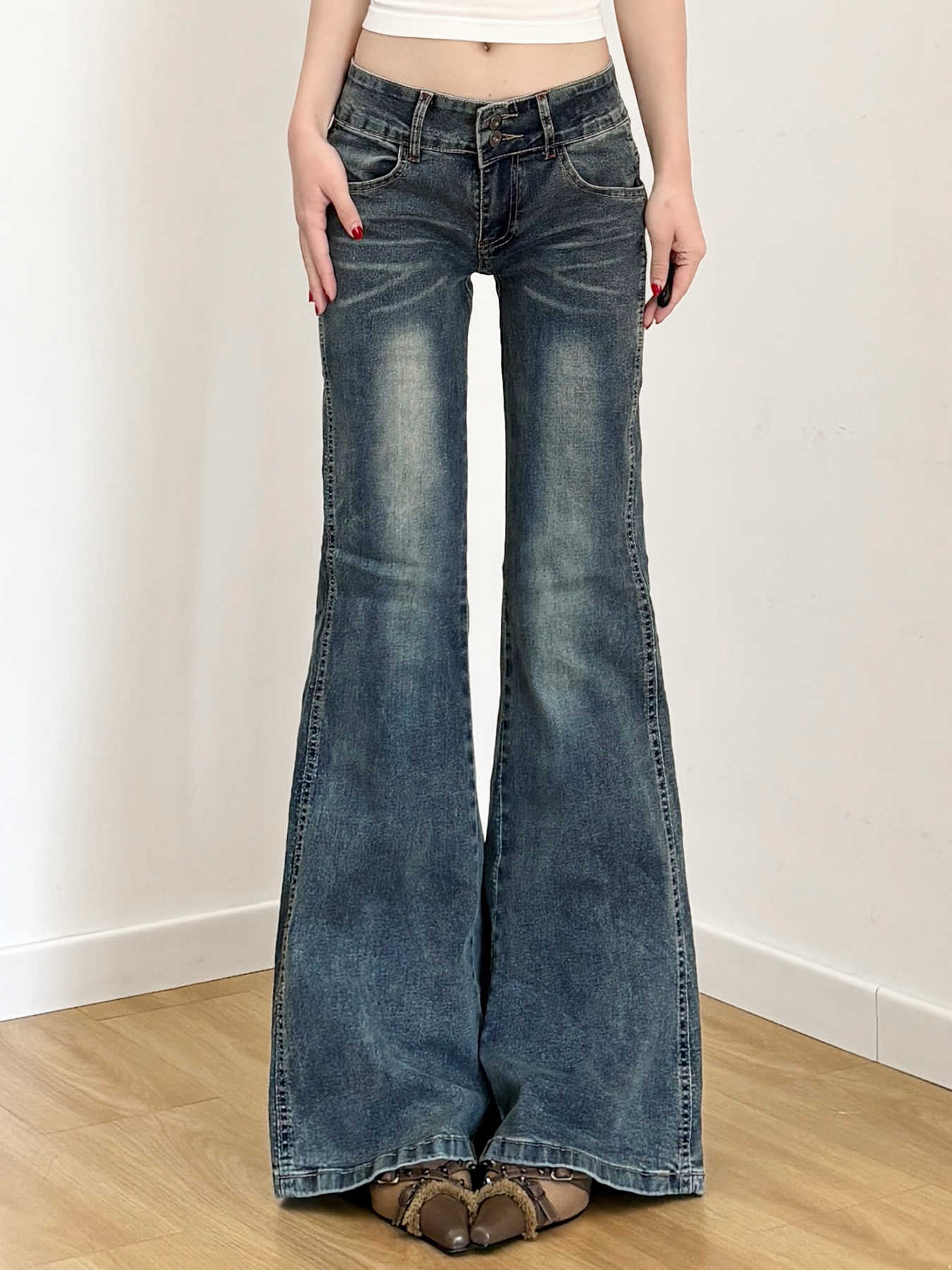 Y2K Retro Distressed Blue Bell Bottom Jeans