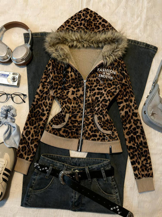 y2k vintage leopard print hooded jacket