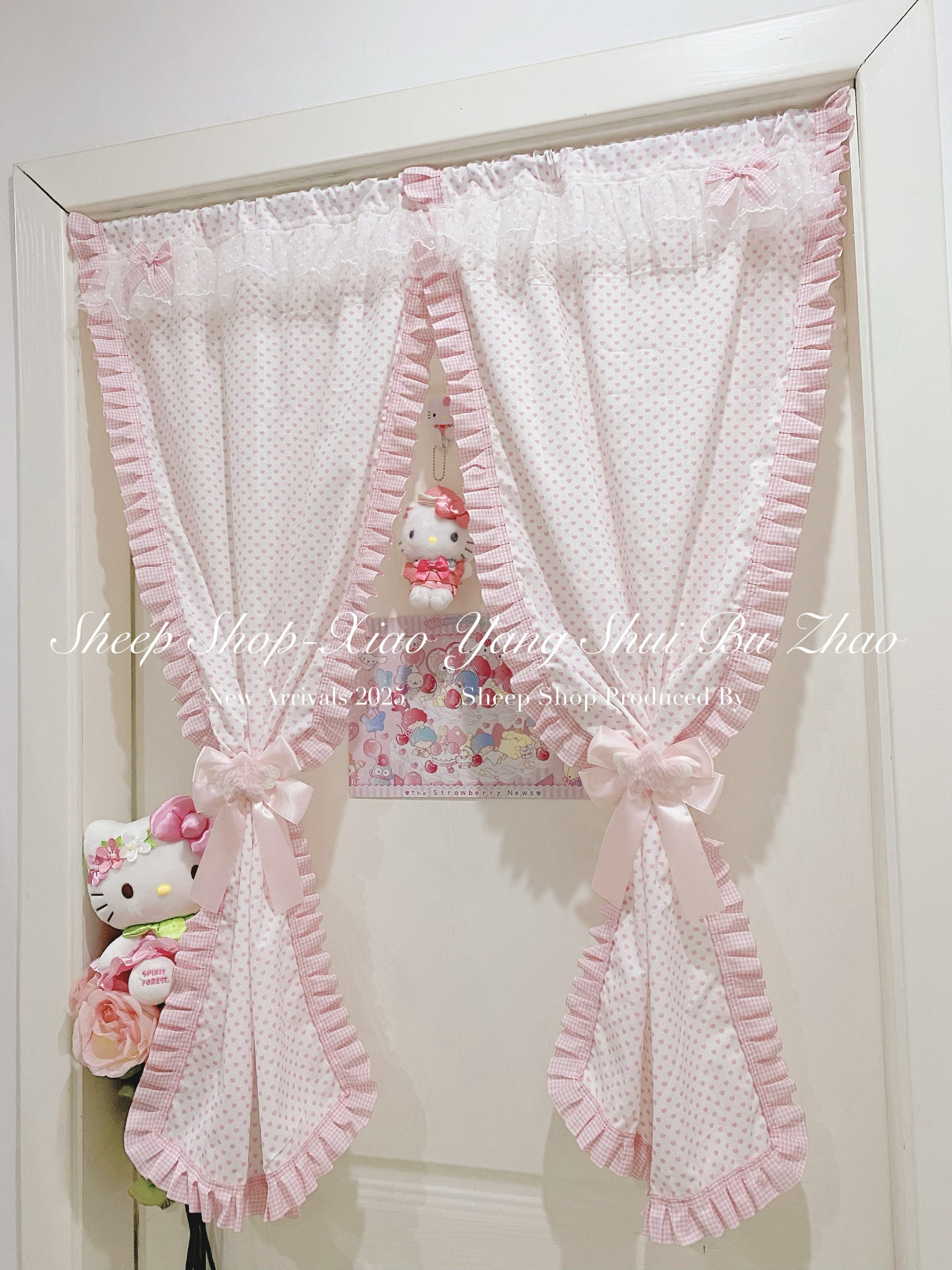 Cute Pink Checkered Lace Curtain