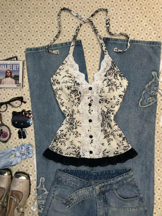 black lace floral halter top