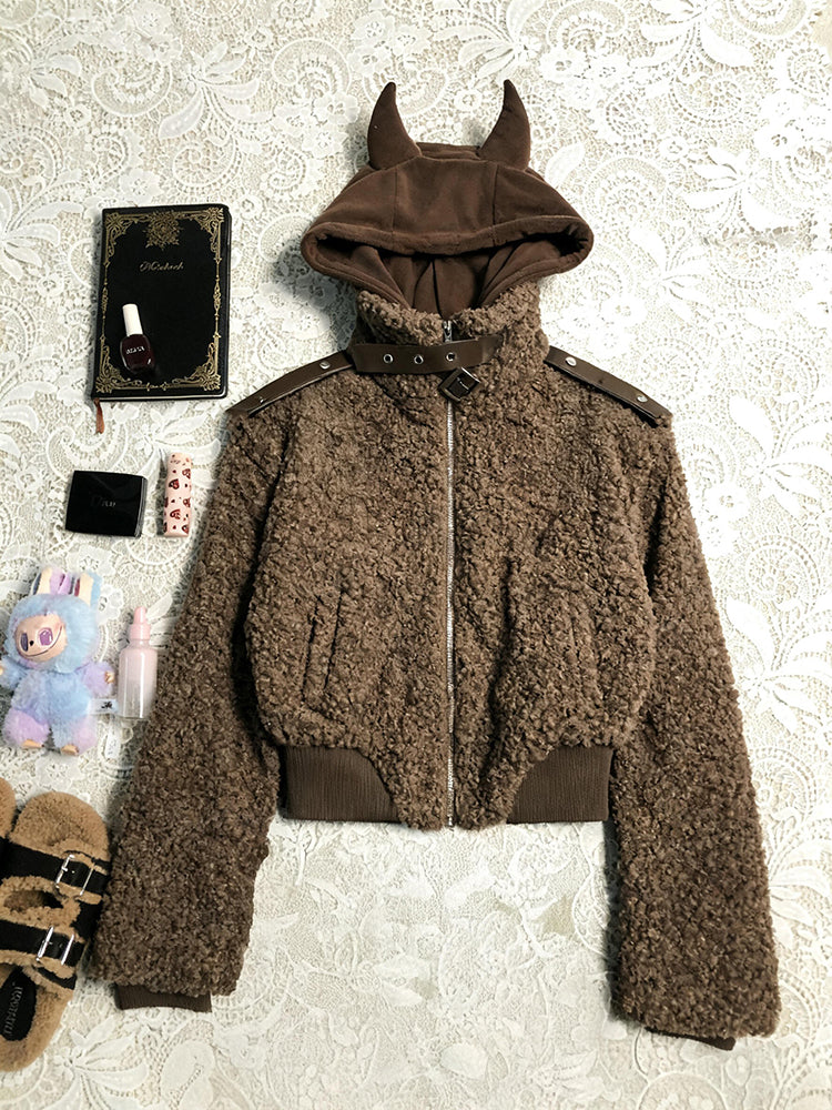 retro camel playful hooded velvet jacket
