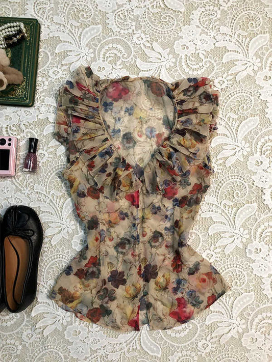 Retro Ruffled V-neck Chiffon Shirt