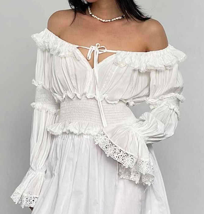 Ruffled Off-shoulder Trumpet Long-sleeved Shirt