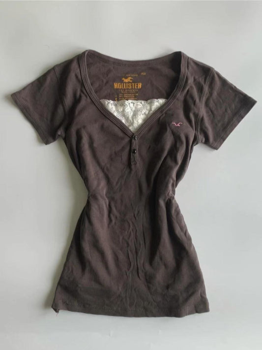 retro V-neck vintage fake two-piece T-shirt