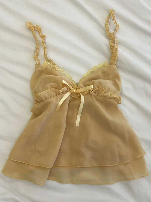 Lace Bow Yellow Mesh Tank Top