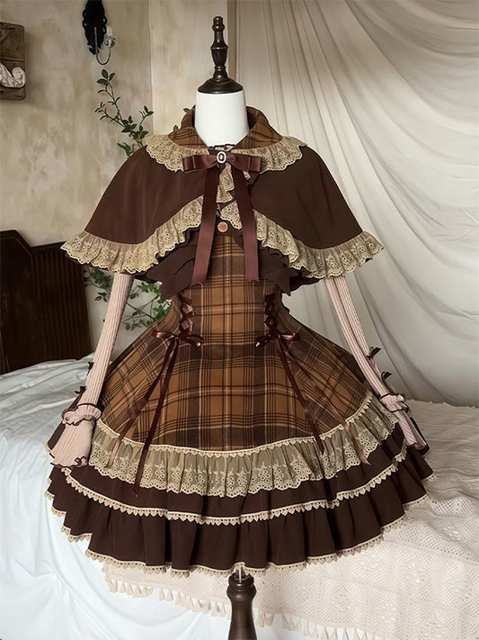 Sweet Lolita brown plaid cape coat dress