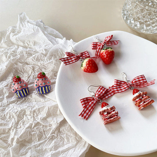 bow strawberry kawaii earrings