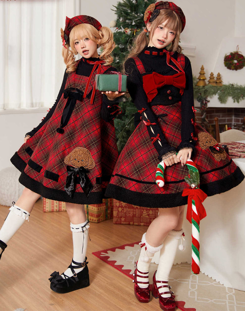 Red Plaid Teddy Dog Embroidered Dress