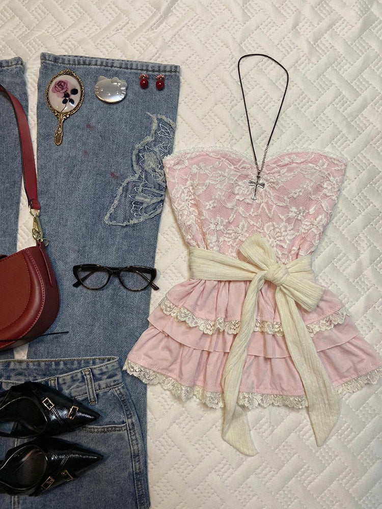 pink lace strap crop top