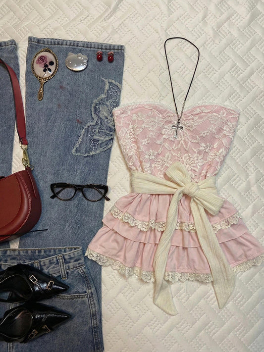 pink lace strap crop top