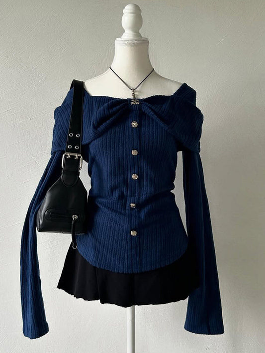 retro navy knitted long-sleeved top