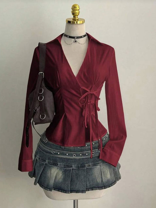 burgundy long-sleeved top