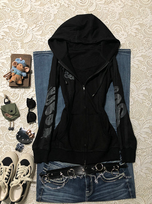 black double zipper hooded jacket