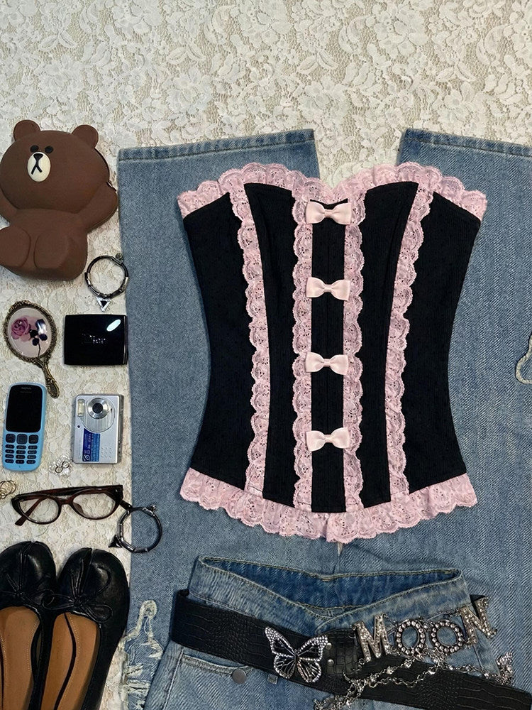pink lace bow black crop top