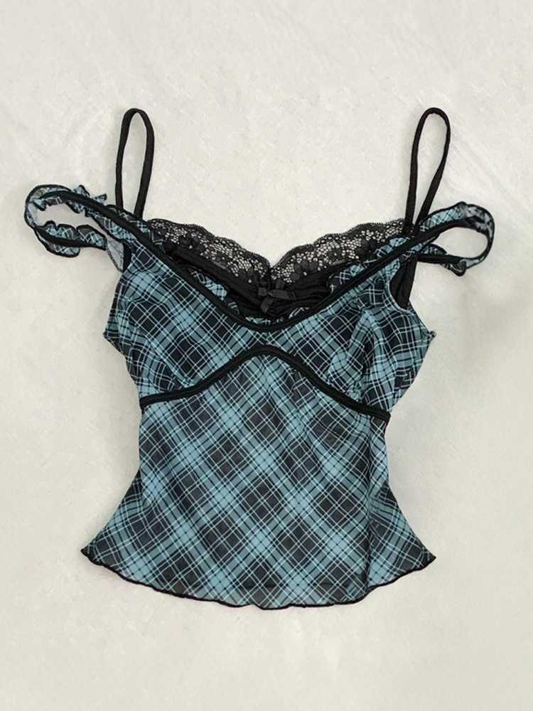 Fake Two-piece Plaid Lace Top