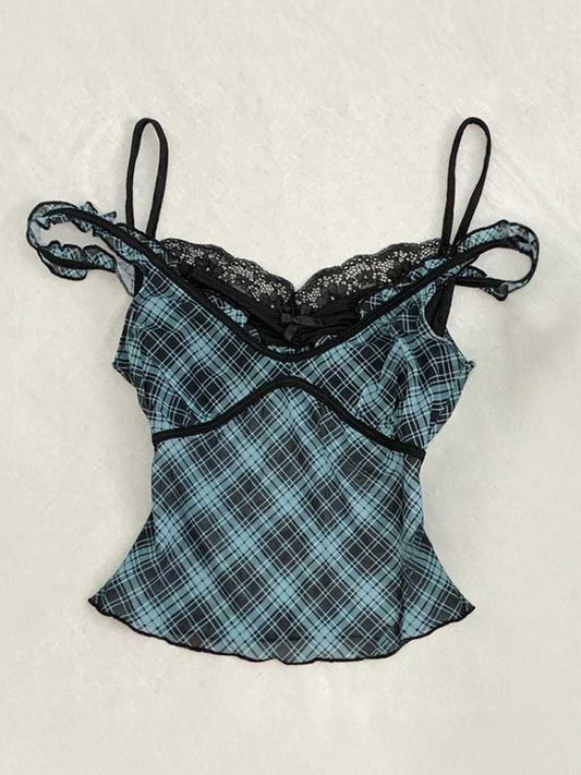 Fake Two-piece Plaid Lace Top
