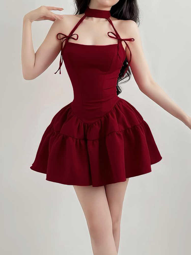 Red Bow Halter Neck Dark Coquette Dress