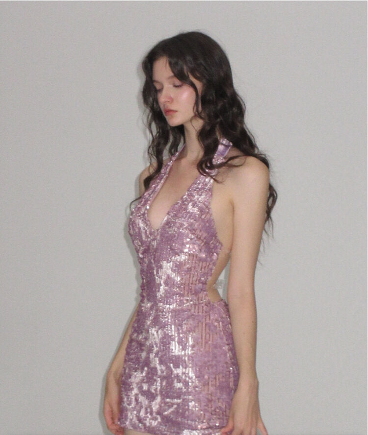 Velvet Sequined V-Neck Open Back Dress