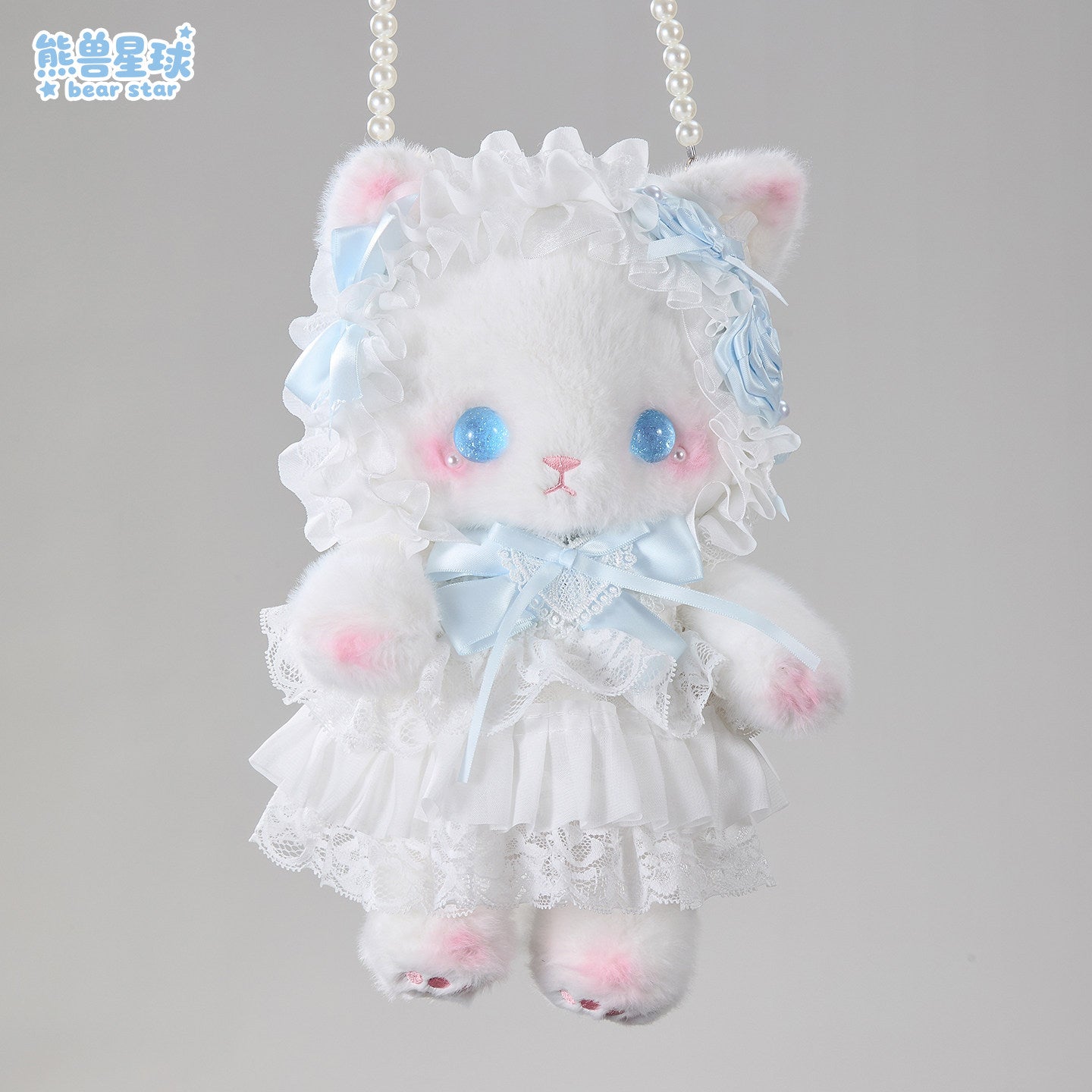 baby blue bow kitty plush pearls bag