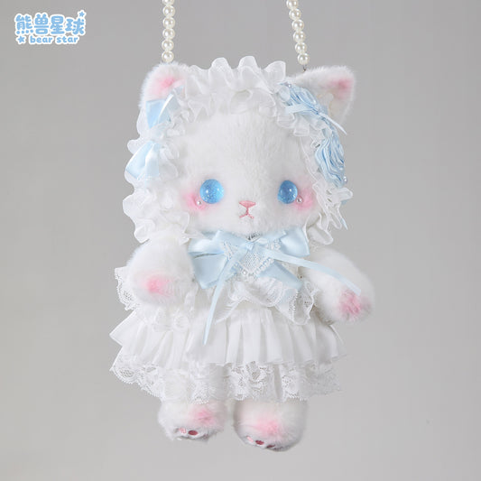 baby blue bow kitty plush pearls bag
