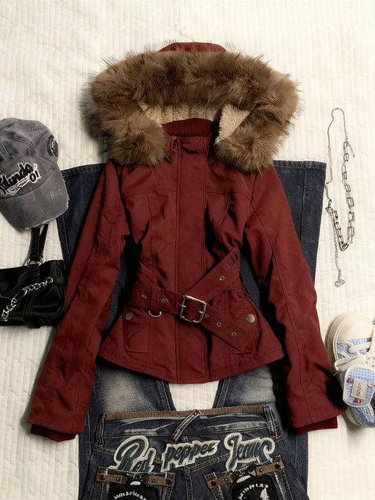 red retro fur hooded jacket
