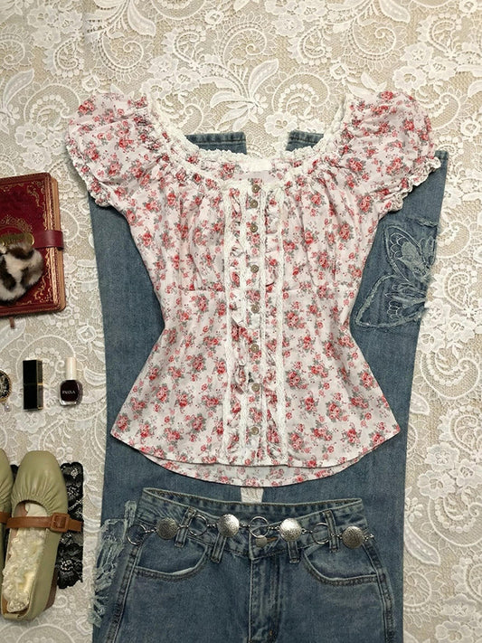 rose floral puff-sleeved shirt