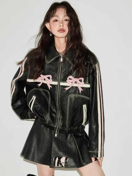 Dark Coquette Bow Retro Leather Jacket