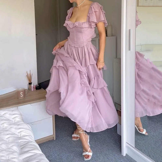 French One-shoulder Ruffled Dress