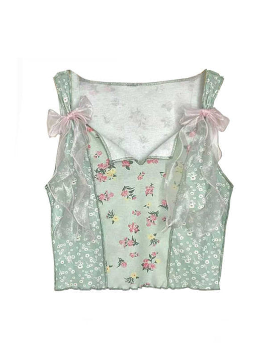 Floral Ballet Strap Bow Tank Top