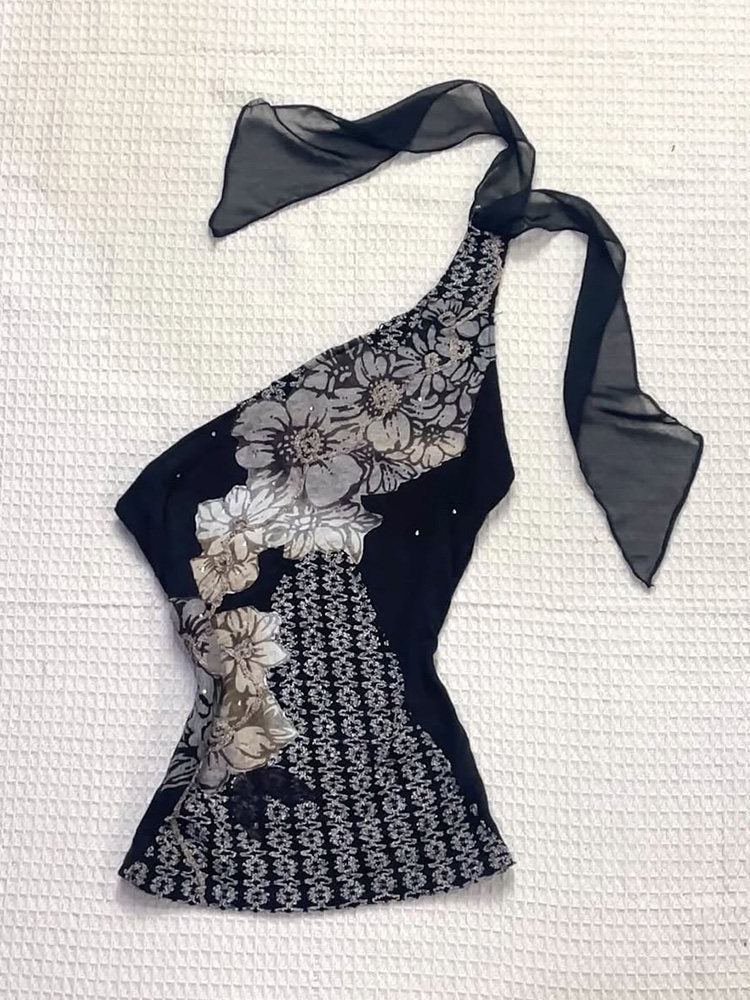 black flower mesh strap top