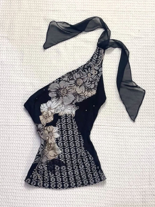 black flower mesh strap top