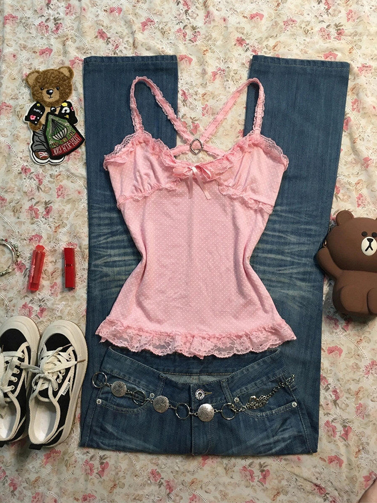 pink lace straps tank top