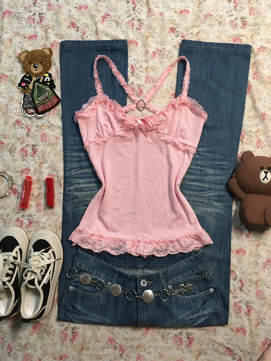 pink lace straps tank top