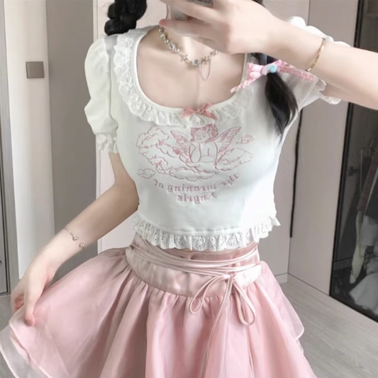 Angel lace sweet embroidered T-shirt