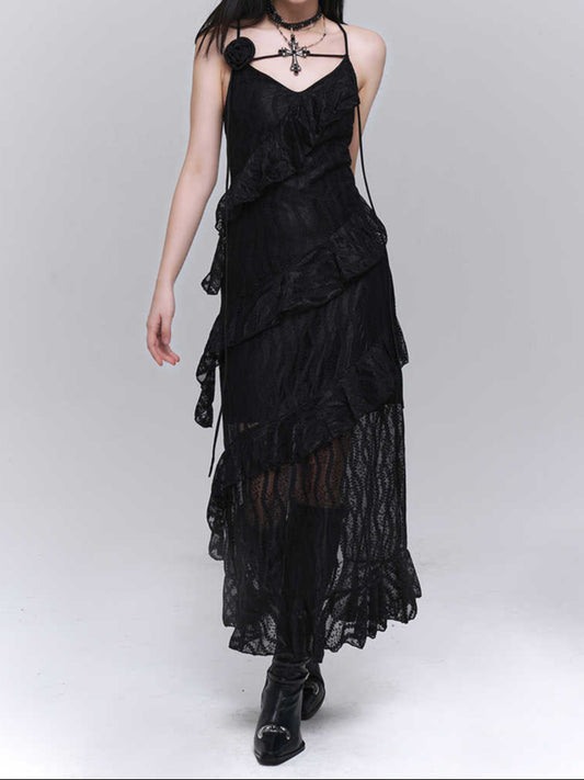 Dark Coquette Lace Ruffled Maxi Dress