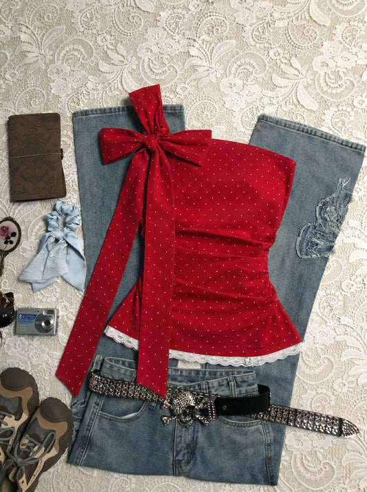 red off-shoulder strap crop top