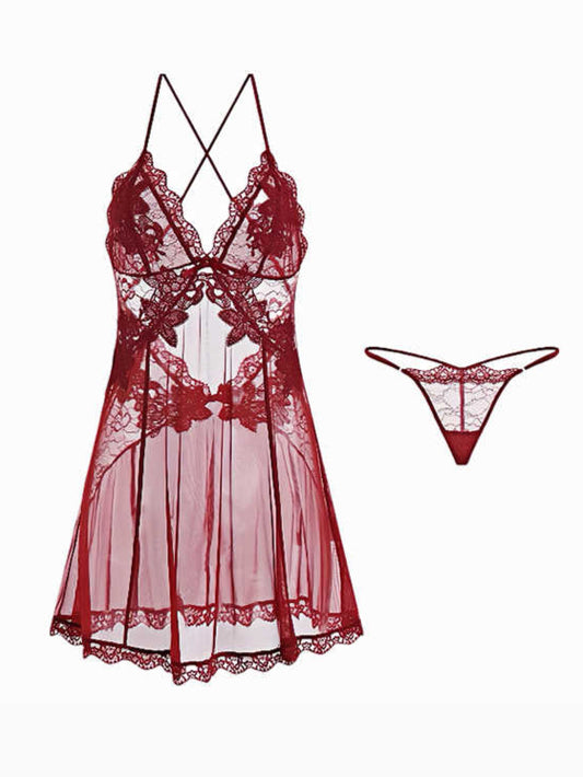 Backless Mesh Lace Nightgown