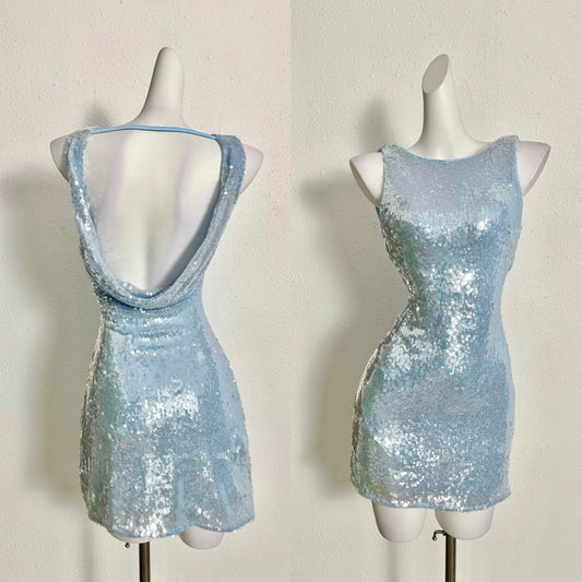 Mermaid Princess Sequins Aqua Blue Backless Dress