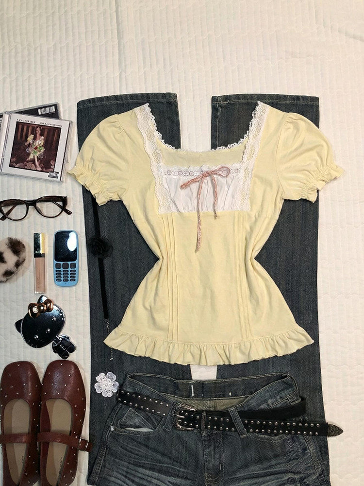 yellow lace bow shirt