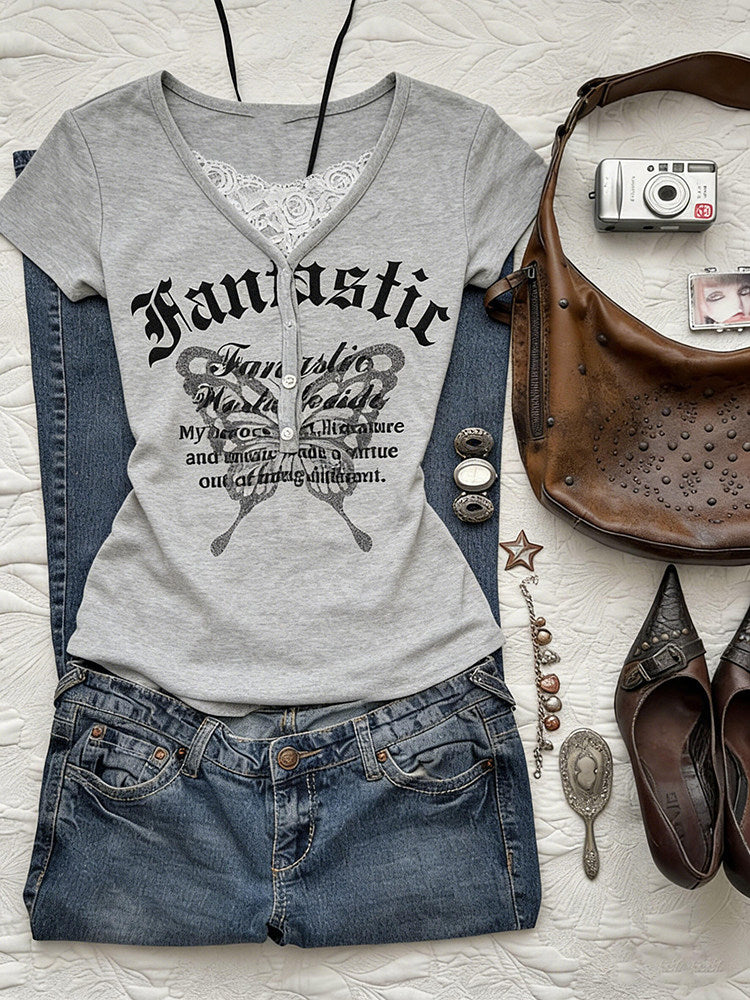 retro gray lace butterfly shirt