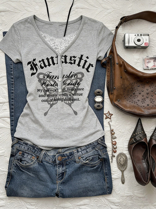 retro gray lace butterfly shirt
