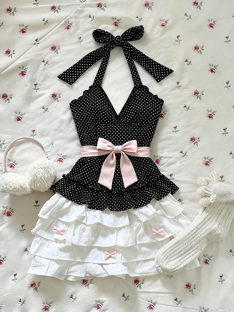 polka dot bow halter-neck dress
