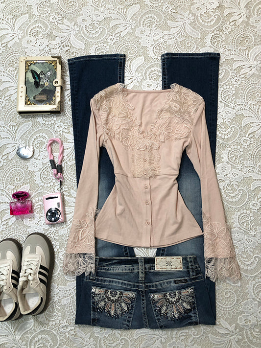 retro pink V-neck lace splicing long-sleeved top