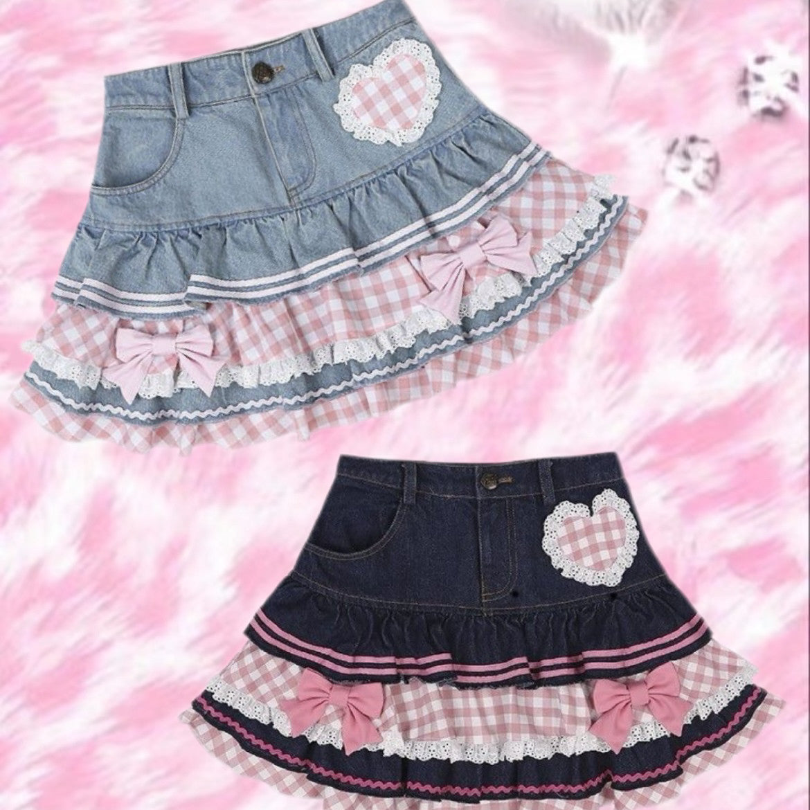 Bow Lace Trim Pink Plaid Denim Mini Skirt