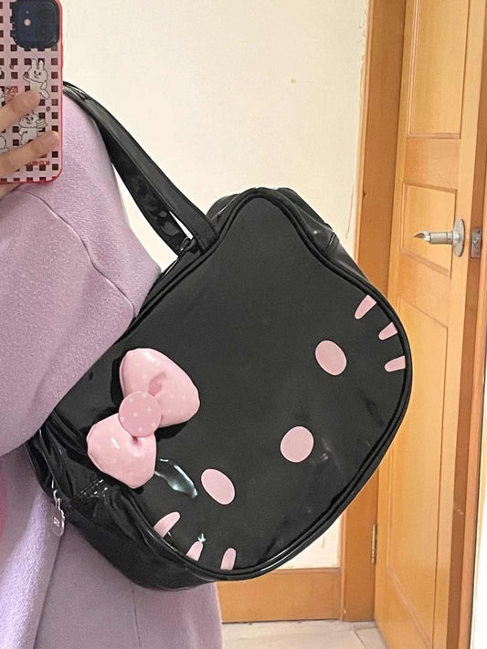 Cute Kitty Black Leather Bag