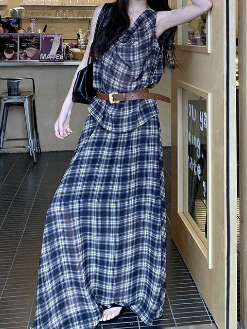 Retro Plaid Collar Camisole + Skirt Suit