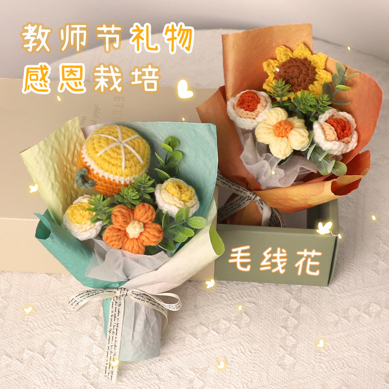 handmade knitted wool flower bouquet