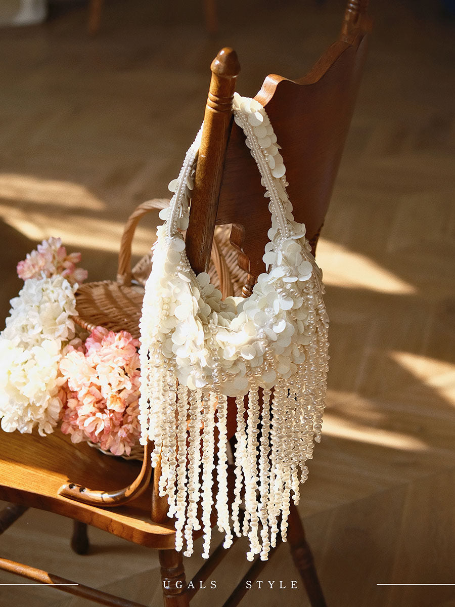 French woven pearl tassel underarm clutch bag