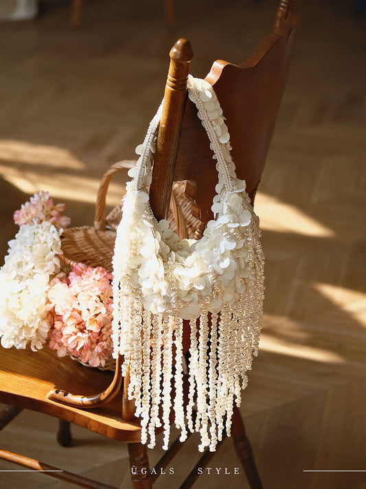 French woven pearl tassel underarm clutch bag